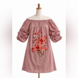 Red Off-Shoulder Dress with Floral Embroidery